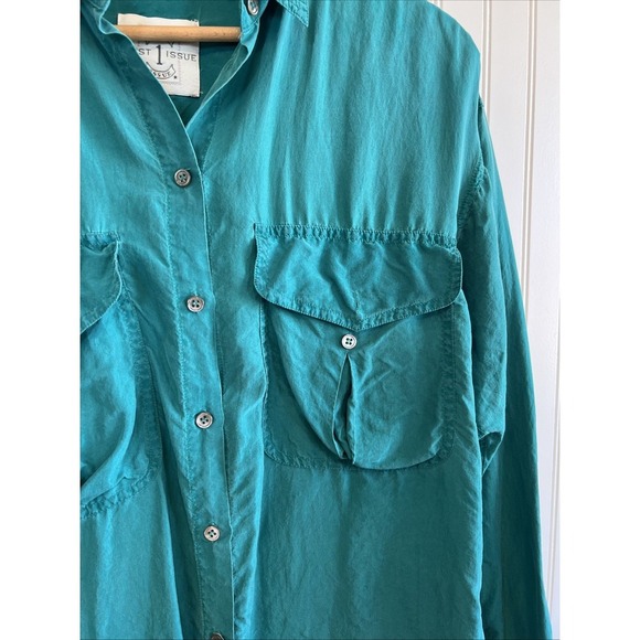 Basic first issue long sleeve shirt VTG women's teal oversized Small 100% Silk - Picture 2 of 9